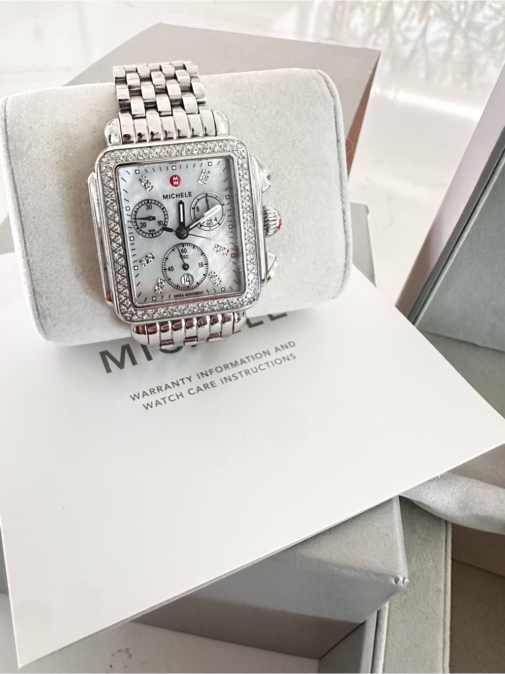 Michele Silver Stainless Steel Chronograph Watch With MotherOfPearl Dial